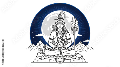 Foto Meditating Deity with Crescent Moon and Mountains