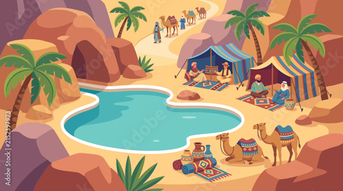Sunny desert oasis featuring turquoise lagoon, palm trees, tents, camels and people relaxing in warm exotic paradise.