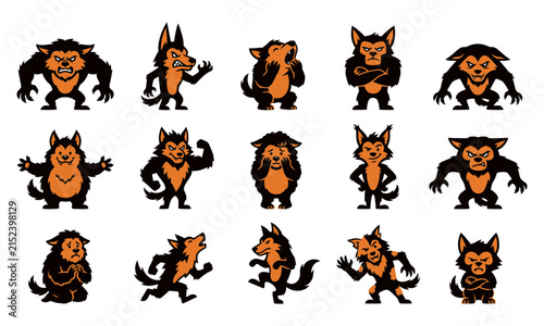 Фотография Collection of orange and black werewolf characters for halloween designs and spo