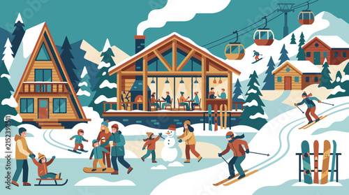 Snowy mountain resort with wooden cabins ski lifts skiers and trees in white blue and brown winter tones.