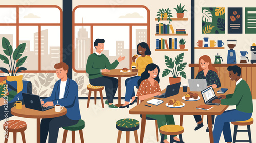 Busy cafe interior with people at tables laptops books and drinks in soft blue yellow and green tones.