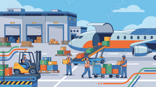 Colorful scene of workers loading boxes onto a large cargo airplane with forklift, luggage carts and airport warehouse buildings under bright blue sky.