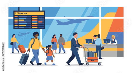 Bright airport terminal scene with families pulling suitcases, departure boards, large windows showing airplane and people heading to gates.