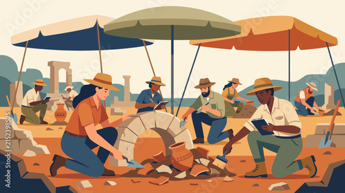 Outdoor archaeological dig with workers brushing artifacts, tents, pottery shards, ancient columns and tools under warm sunny sky.