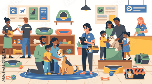Lively pet shop scene with customers, children, dogs, shelves of food bowls, toys, leashes and staff helping families select pet products.