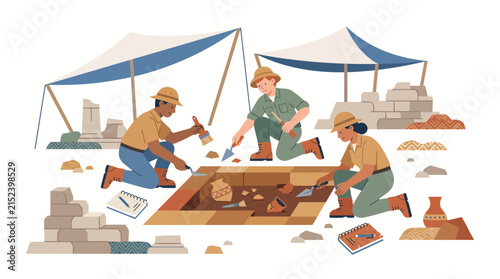 Archaeology team carefully digging and mapping finds under shade canopy with tools, brushes, notebooks and desert landscape around.