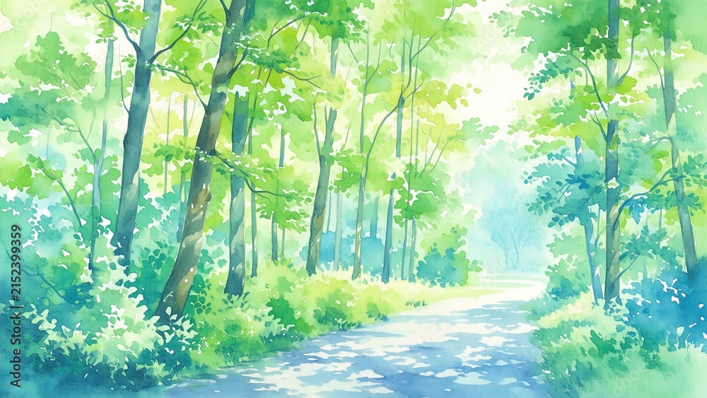 Fototapeta premium 新緑の森と木漏れ日の小道 爽やかな水彩風景イラスト 背景素材