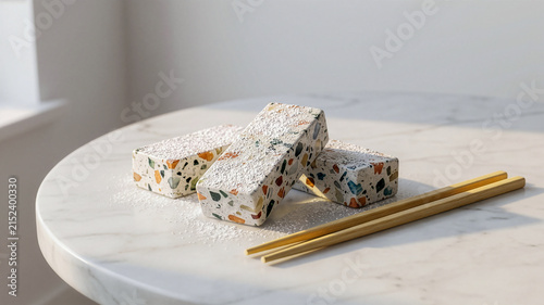 A minimalist still life photograph presenting three rectangular objects designed with a colorful terrazzo stone pattern.