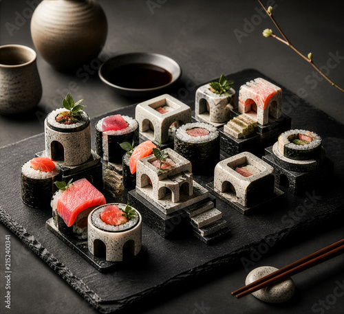 Conceptual modern sushi arranged on miniature brutalist granite stone arches and steps on black slate. Moody chiaroscuro food sculpture representing creative high-end gastronomy.