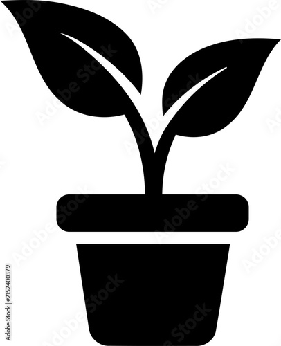 Black silhouette icon of a small plant in a flower pot isolated on transparent background