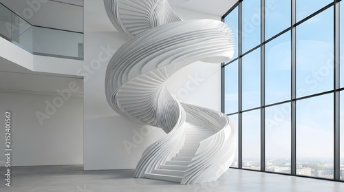 Modern spiral staircase in a minimalist interior with large glass windows and white walls, architectural design concept, 3d rendering