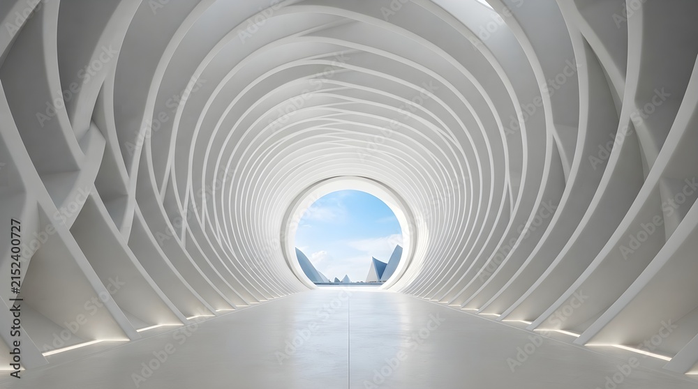 Obraz premium Futuristic white tunnel with circular opening and abstract architectural structure, 3d rendering of a modern corridor leading to a bright outdoor landscape