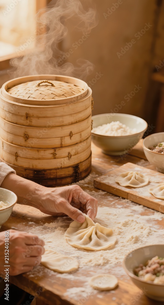Fototapeta premium Hands shaping dumplings on floured wooden table with bamboo steamer and bowls, home kitchen scene of traditional preparation and steaming comfort food