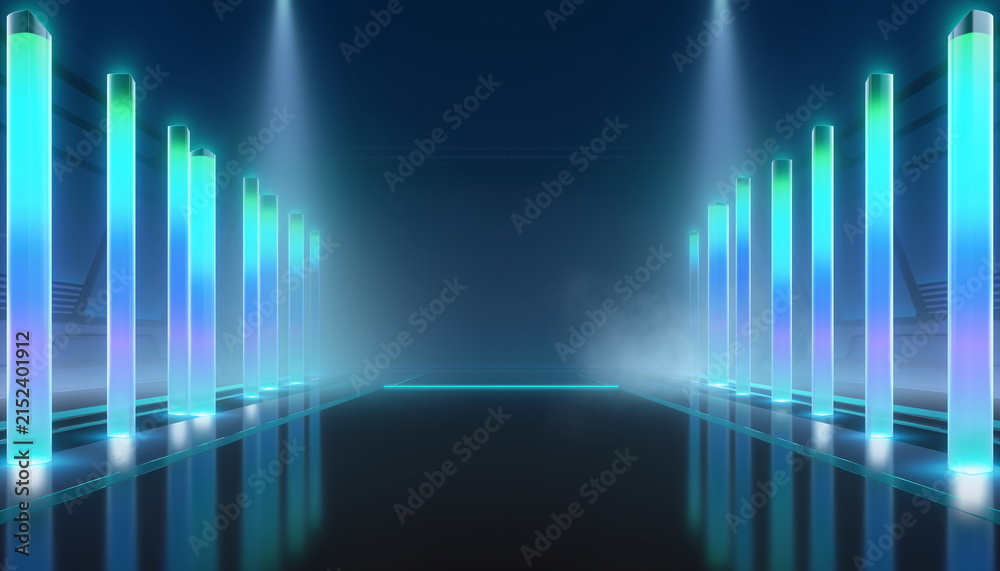 Naklejka premium Sci-fi teal neon corridor with reflective floor background 反射する床とティールのSFネオン通路背景