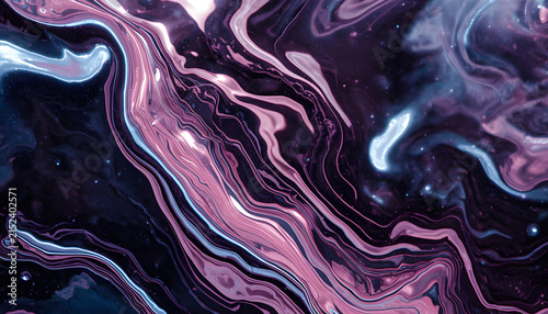 Abstract Purple and Black Fluid Marble Texture with Metallic Pink Waves, Organic Swirls and Dramatic Luxury Background
