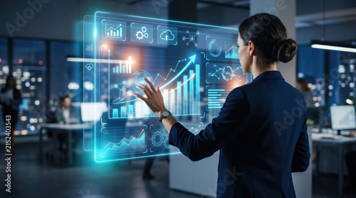 Businesswoman analyzing hologram data charts, futuristic financial growth graph, corporate strategy planning, digital transformation, woman interacting with virtual screen