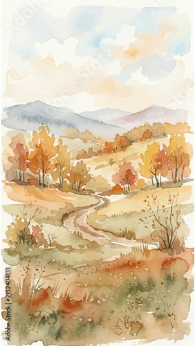 Watercolor Autumn Landscape with Dirt Road Leading Through Rolling Hills