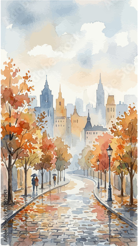 Rainy Autumn City Street with People and Skyline Watercolor Painting
