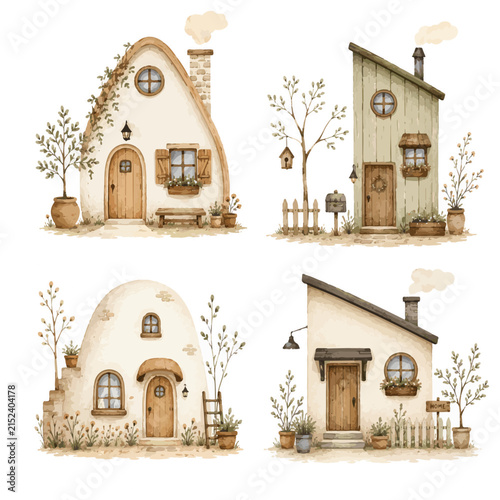 Set of Cozy Fairy Tale Village Houses Watercolor Clipart