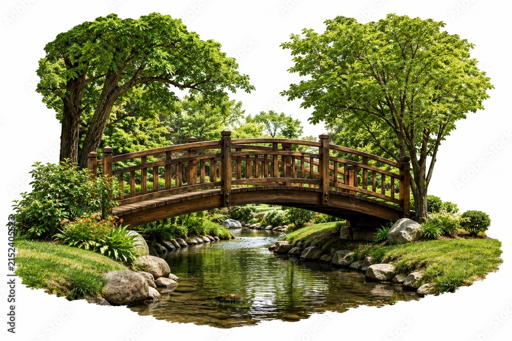 Fototapeta premium Small wooden bridge over a quiet stream in a sunny green garden