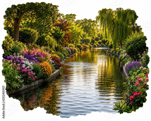 Beautiful colorful flowers along a calm river in a sunny park