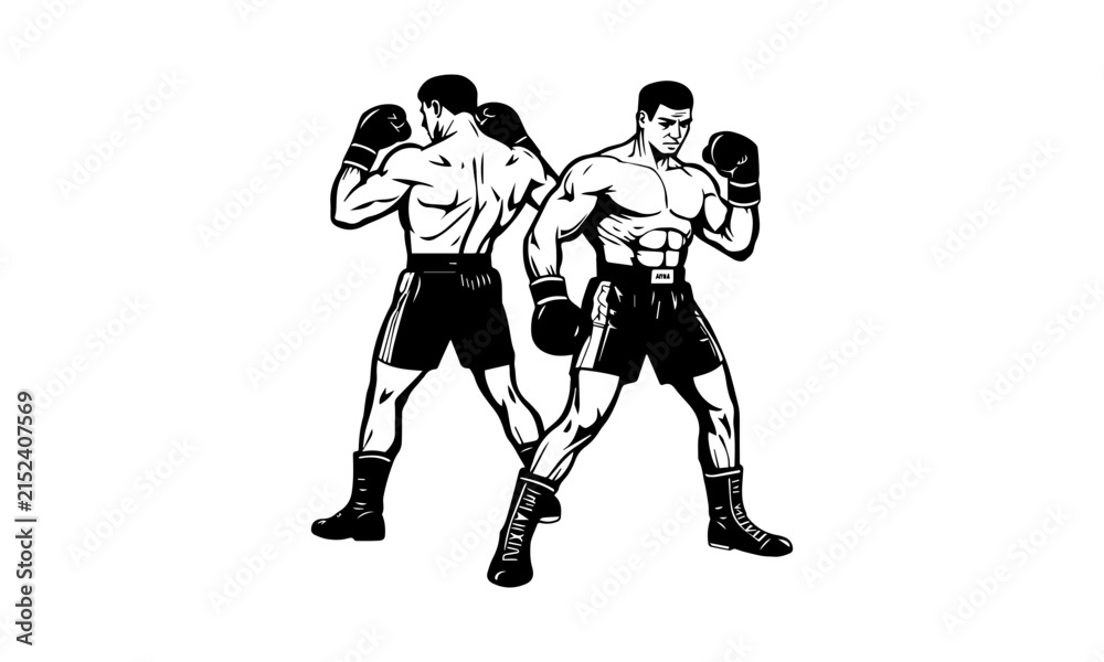 Fototapeta premium Two Muscular Boxers Back and Front Guard Stance Vector Illustration