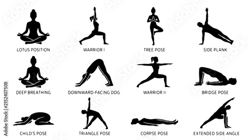 Yoga pose silhouette icon set with lotus position warrior tree pose downward facing dog and triangle pose
