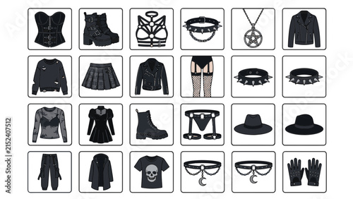 Goth apparel and accessories vector collection featuring leather jacket boots corset hat and spiked choker
