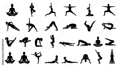 Comprehensive yoga posture silhouette vector set showing various meditation poses and body stretching exercises