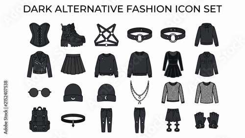 Alternative dark goth fashion vector icons including spiked collar boots leather jacket harness and accessories