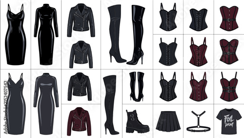 Goth fashion clothing elements vector set with leather jacket dress corset boots and harness on white background