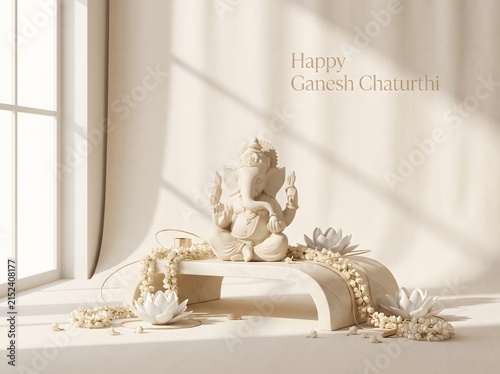Lord ganesha statue with flowers for ganesh chaturthi festival celebration.
