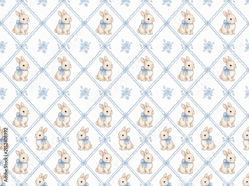 Seamless pattern with cute bunnies and blue floral diamond grid