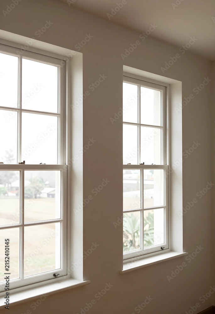 Fototapeta premium Two white sash windows with grid panes in a neutral room, natural light and interior design concept, the architectural elements provide a view to the outside