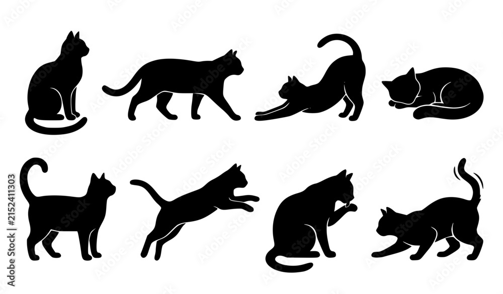 Obraz premium Eight Black Cat Silhouette Poses Feline Behavior Vector Set