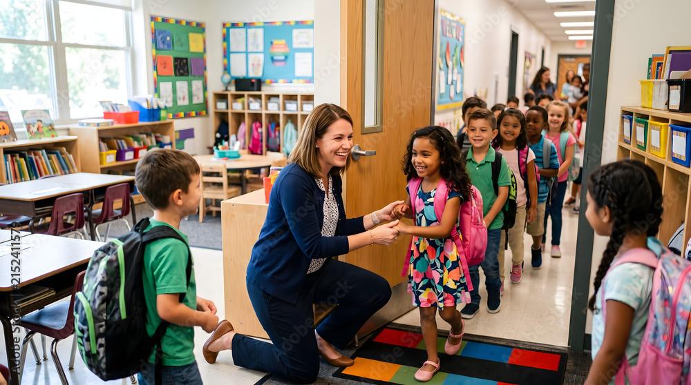 Fototapeta premium Friendly female teacher smiling and kneeling to greet a diverse line of elementary school children wearing backpacks as they enter their bright and colorful classroom on the first school day