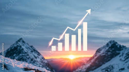 Golden financial growth chart rising between snowy mountain peaks at sunset, indicating investment success and future progress
