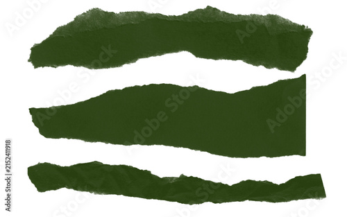 Dark green torn paper strips with ripped edges isolated on white background, collage design banner elements.