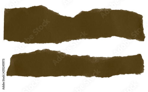 Dark brown torn paper banner strips with rough edges isolated on a white background for design collages