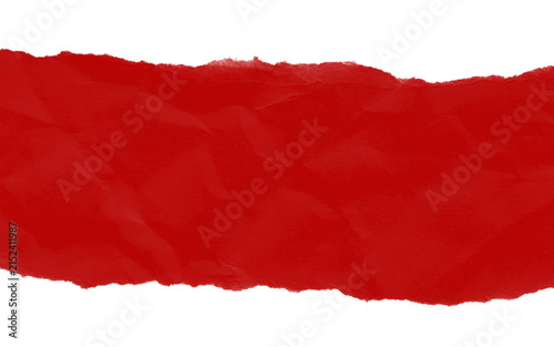 Torn red paper strip banner with ripped edges on white background with copy space for design.