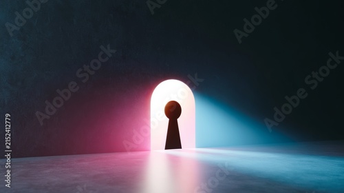 Keyhole silhouette opening, digital access and privacy concept illuminating dark space with neon light