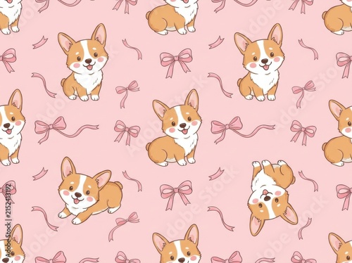 Seamless pattern with cute cartoon corgi puppies and pink ribbons on a light pink background