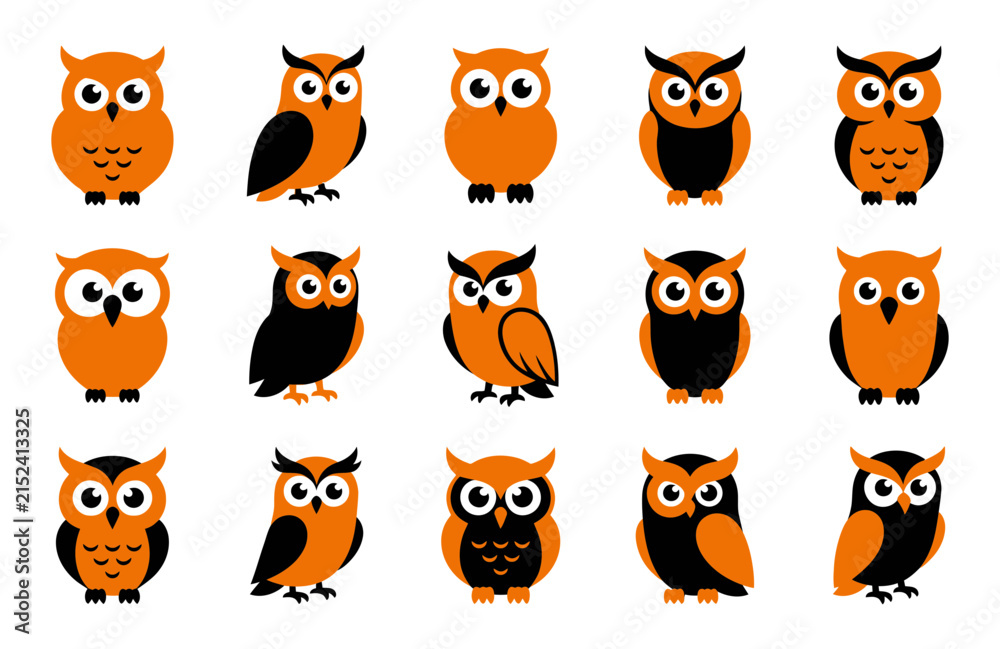 Obraz premium A collection of fifteen cute cartoon owls in orange and black colors arranged in a grid pattern isolated on a white background