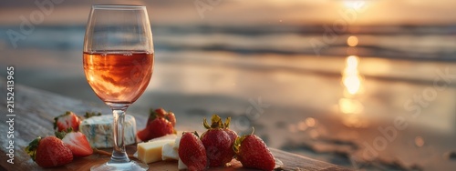 A glass of rosé wine on the seashore at sunset, Generative AI,