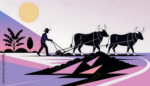 Farmer plowing field with oxen team in minimalist background