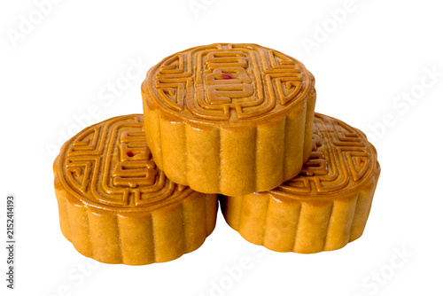 Bild auf Leinwand Three mooncakes isolated on white background, tradition Chinese moon cake, sweet dessert for mid autumn celebration
