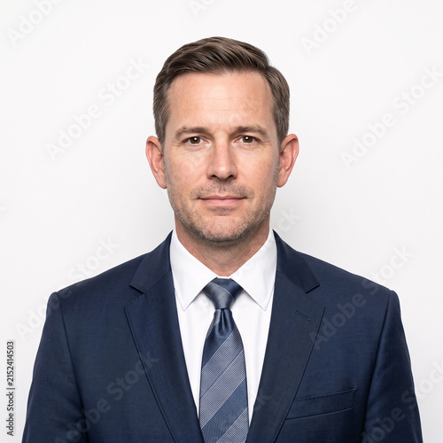Professional headshot of a confident man in a dark blue suit and striped tie, looking directly at the viewer with a neutral expression.