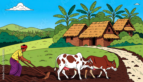 Traditional rural farming scene with farmer plowing field and village huts background