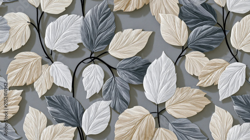 3D bas-relief botanical wall panel with plaster leaves and golden accents. Elegant neutral floral background pattern