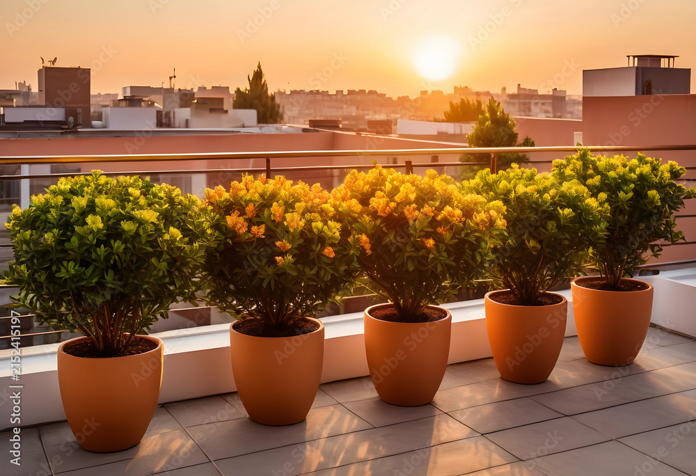Fototapeta premium Rooftop terrace with potted plants and city skyline at golden hour sunset, urban gardening and outdoor living, Modern residential architecture and urban gardening